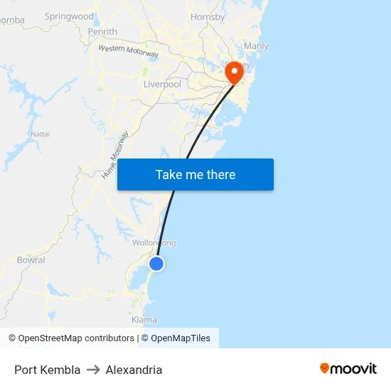 Port Kembla to Alexandria map