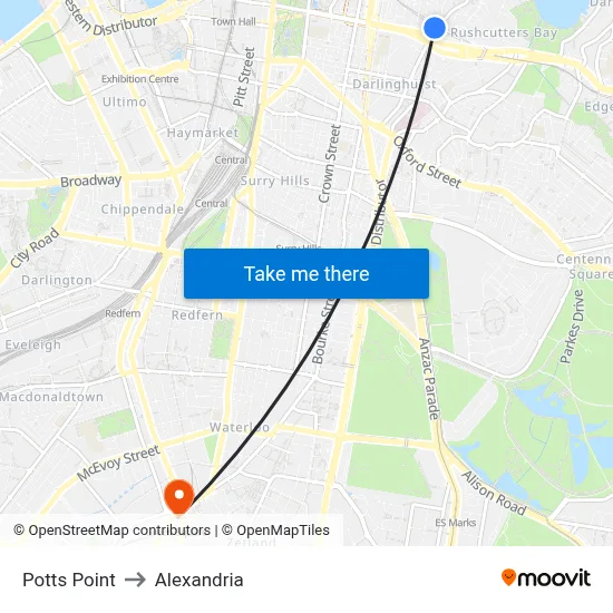 Potts Point to Alexandria map