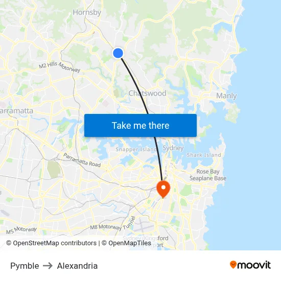 Pymble to Alexandria map