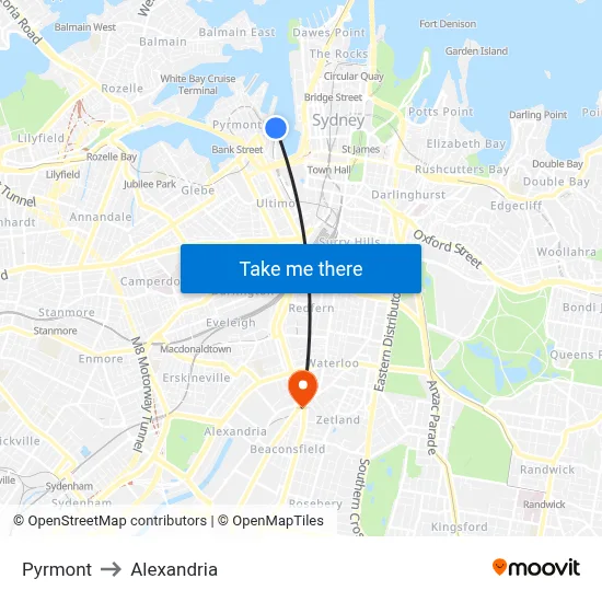 Pyrmont to Alexandria map
