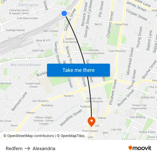 Redfern to Alexandria map