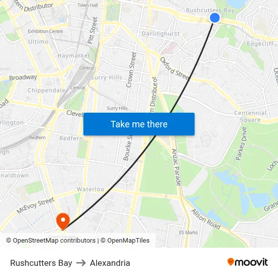 Rushcutters Bay to Alexandria map