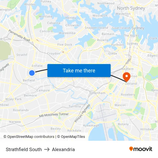 Strathfield South to Alexandria map