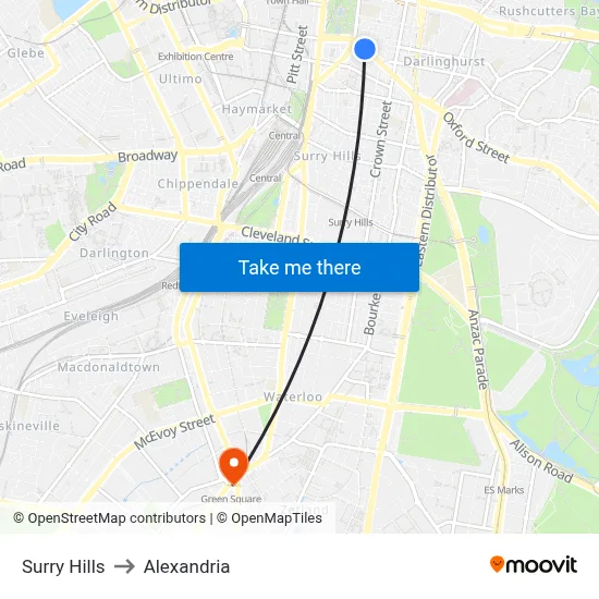 Surry Hills to Alexandria map