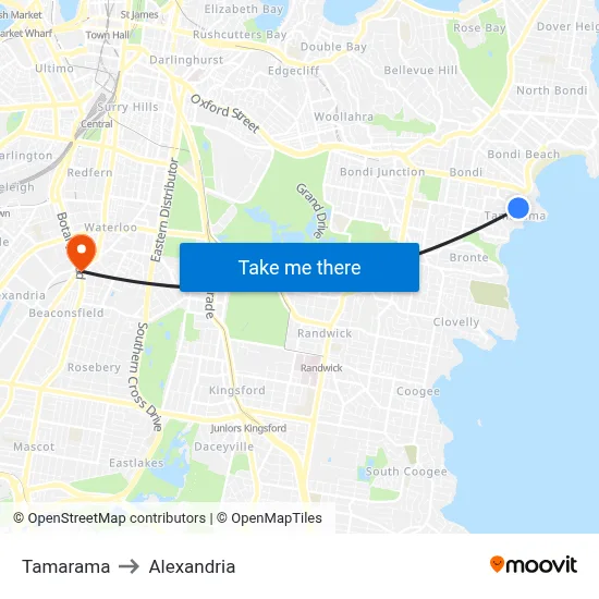 Tamarama to Alexandria map