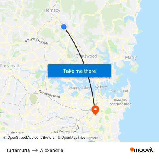 Turramurra to Alexandria map