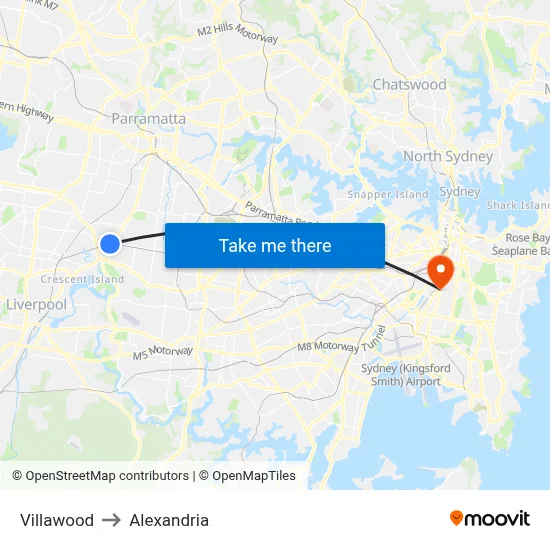 Villawood to Alexandria map