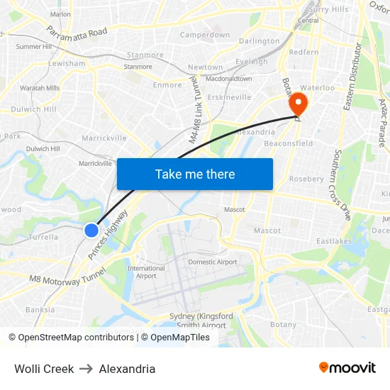 Wolli Creek to Alexandria map