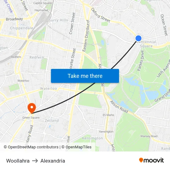 Woollahra to Alexandria map