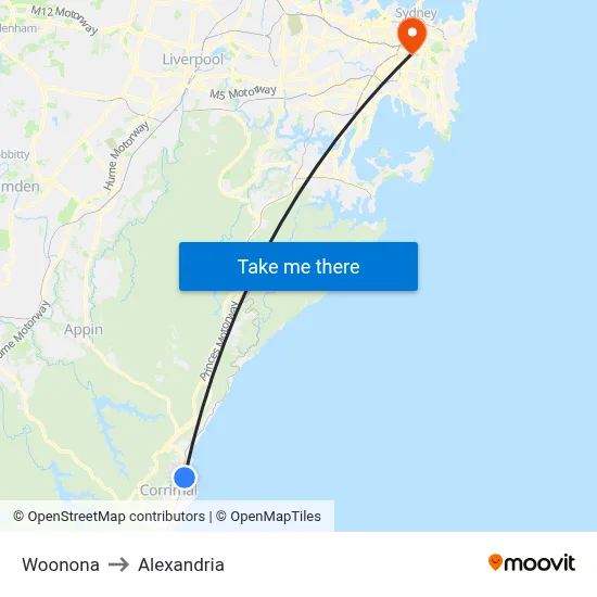 Woonona to Alexandria map