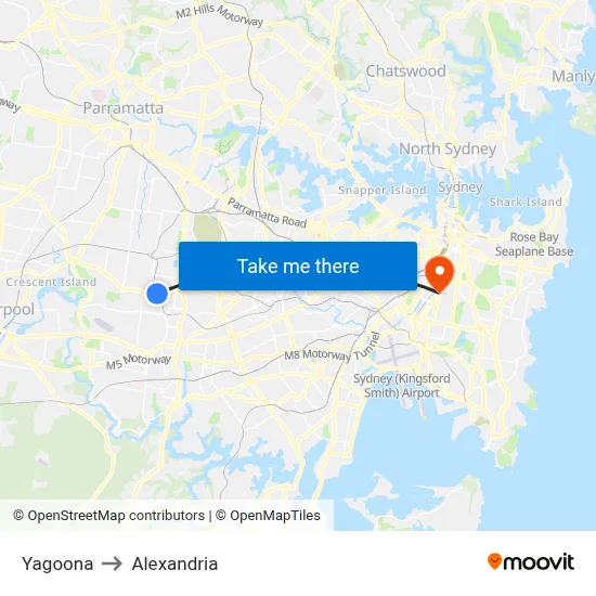 Yagoona to Alexandria map