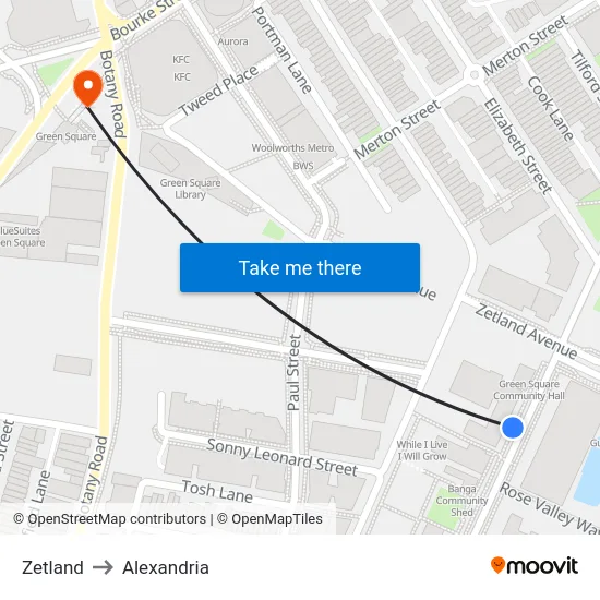 Zetland to Alexandria map