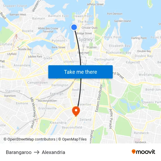 Barangaroo to Alexandria map