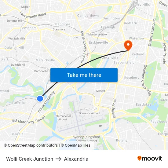 Wolli Creek Junction to Alexandria map