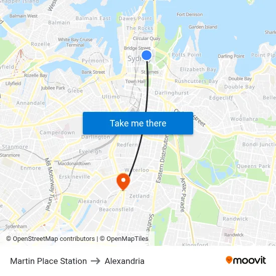 Martin Place Station to Alexandria map