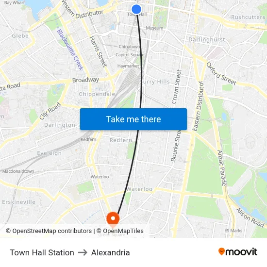 Town Hall Station to Alexandria map
