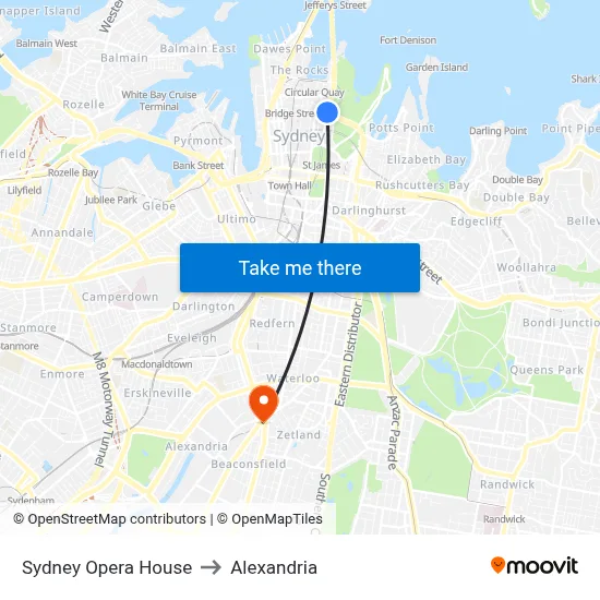 Sydney Opera House to Alexandria map