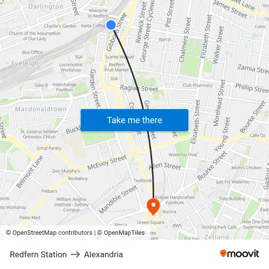 Redfern Station to Alexandria map