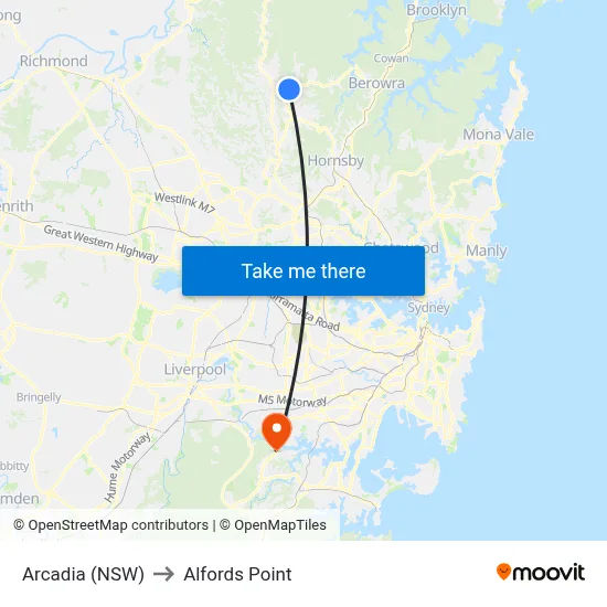 Arcadia (NSW) to Alfords Point map