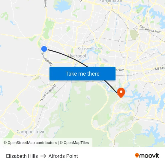 Elizabeth Hills to Alfords Point map