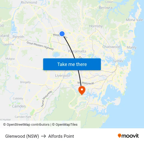 Glenwood (NSW) to Alfords Point map