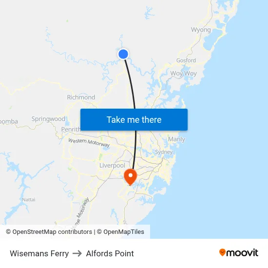 Wisemans Ferry to Alfords Point map