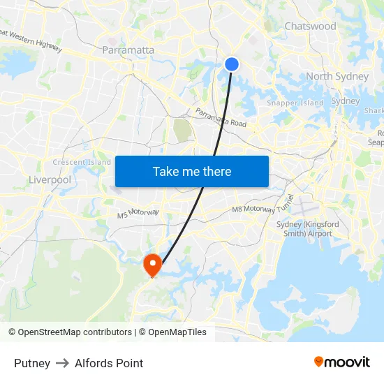 Putney to Alfords Point map