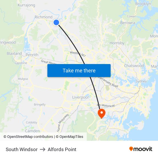 South Windsor to Alfords Point map