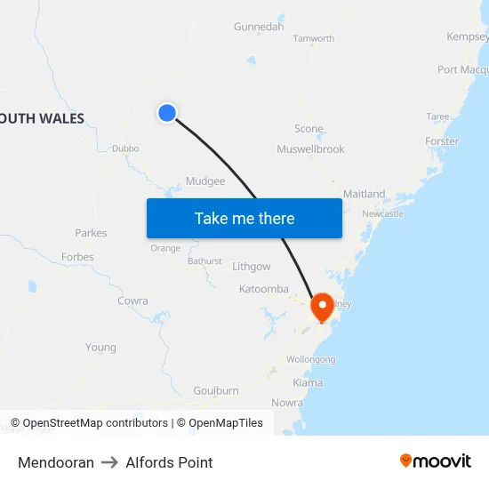 Mendooran to Alfords Point map