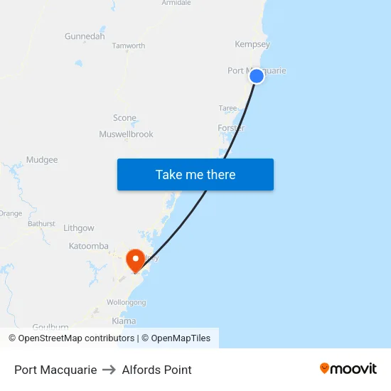 Port Macquarie to Alfords Point map