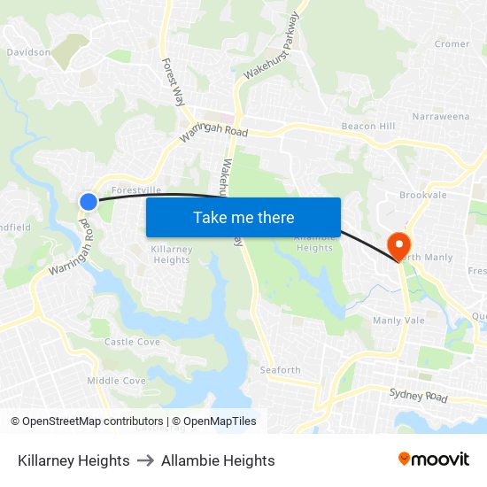 Killarney Heights to Allambie Heights map