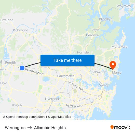 Werrington to Allambie Heights map