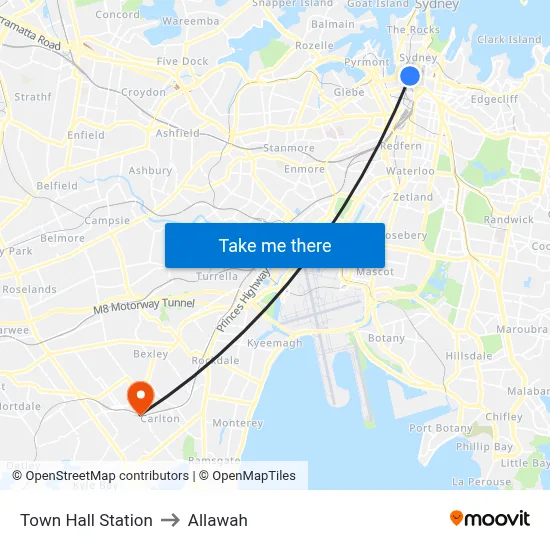 Town Hall Station to Allawah map