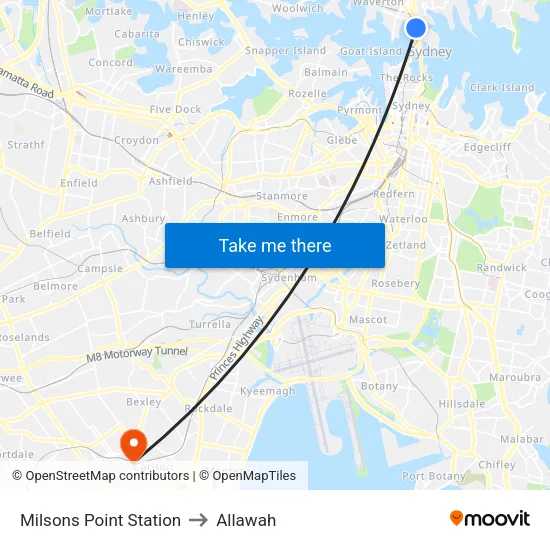 Milsons Point Station to Allawah map