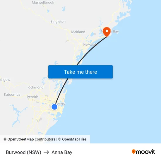 Burwood (NSW) to Anna Bay map