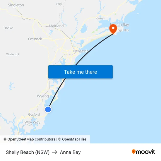 Shelly Beach (NSW) to Anna Bay map