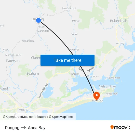 Dungog to Anna Bay map