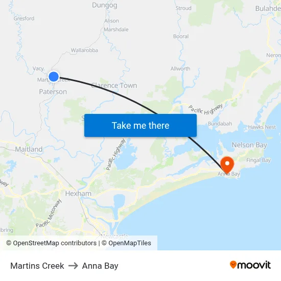 Martins Creek to Anna Bay map