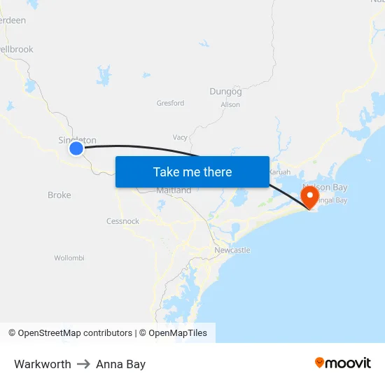 Warkworth to Anna Bay map