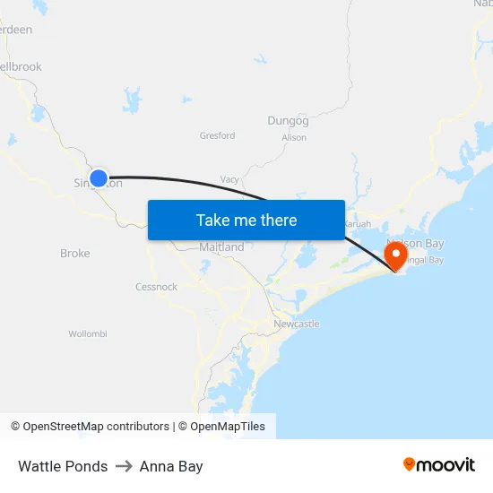 Wattle Ponds to Anna Bay map