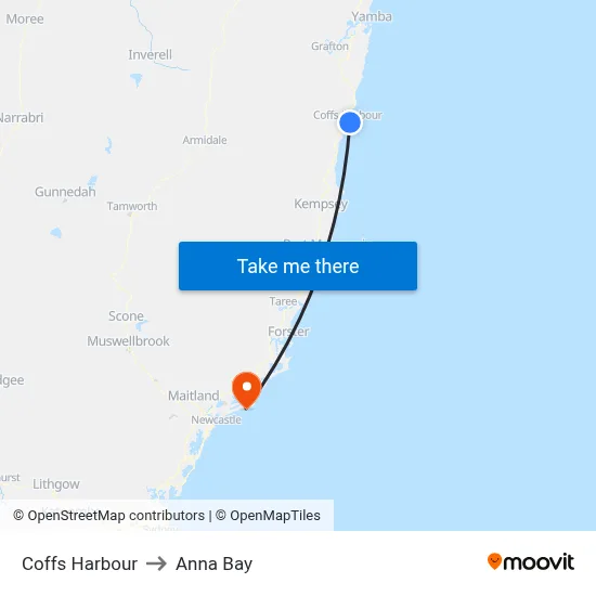 Coffs Harbour to Anna Bay map
