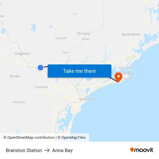 Branxton Station to Anna Bay map