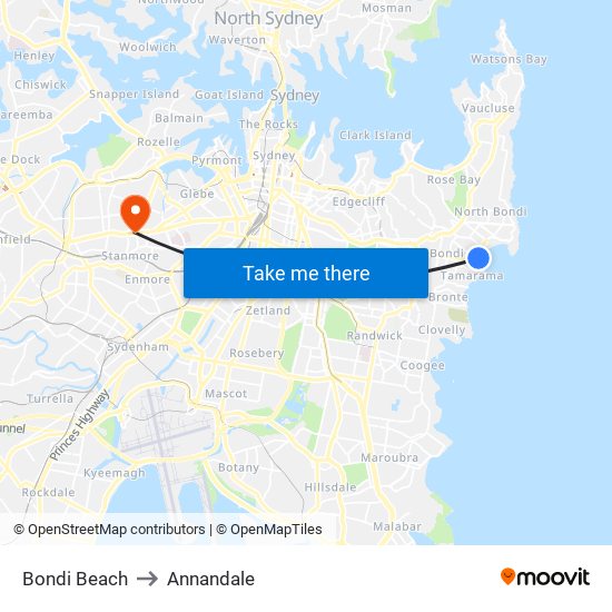 Bondi Beach to Annandale map