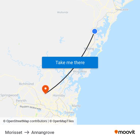 Morisset to Annangrove map