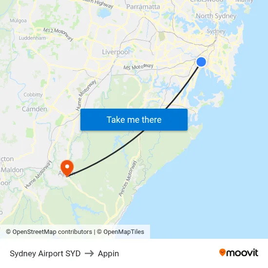 Sydney Airport SYD to Appin map