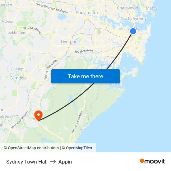 Sydney Town Hall to Appin map