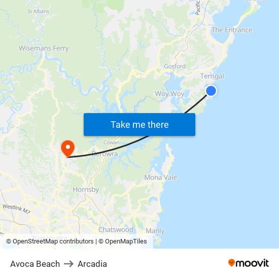 Avoca Beach to Arcadia map