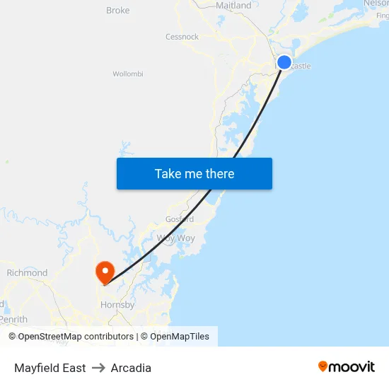 Mayfield East to Arcadia map