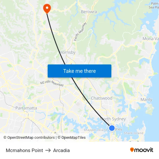 Mcmahons Point to Arcadia map