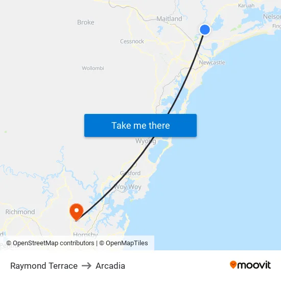 Raymond Terrace to Arcadia map